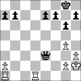 b&w chess diagram of Queen vs two Rooks endgame