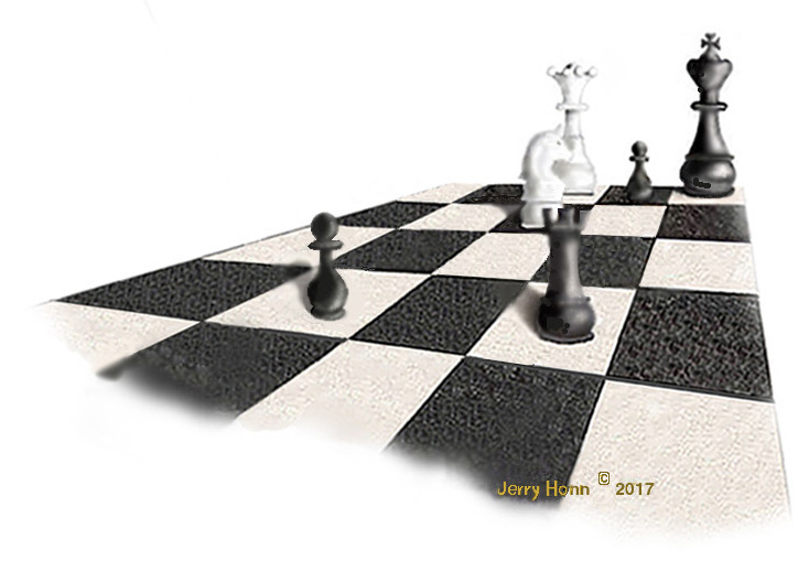 Endgame, original drawing of 3D chessmen in a checkmate pattern, © Jerry Honn
